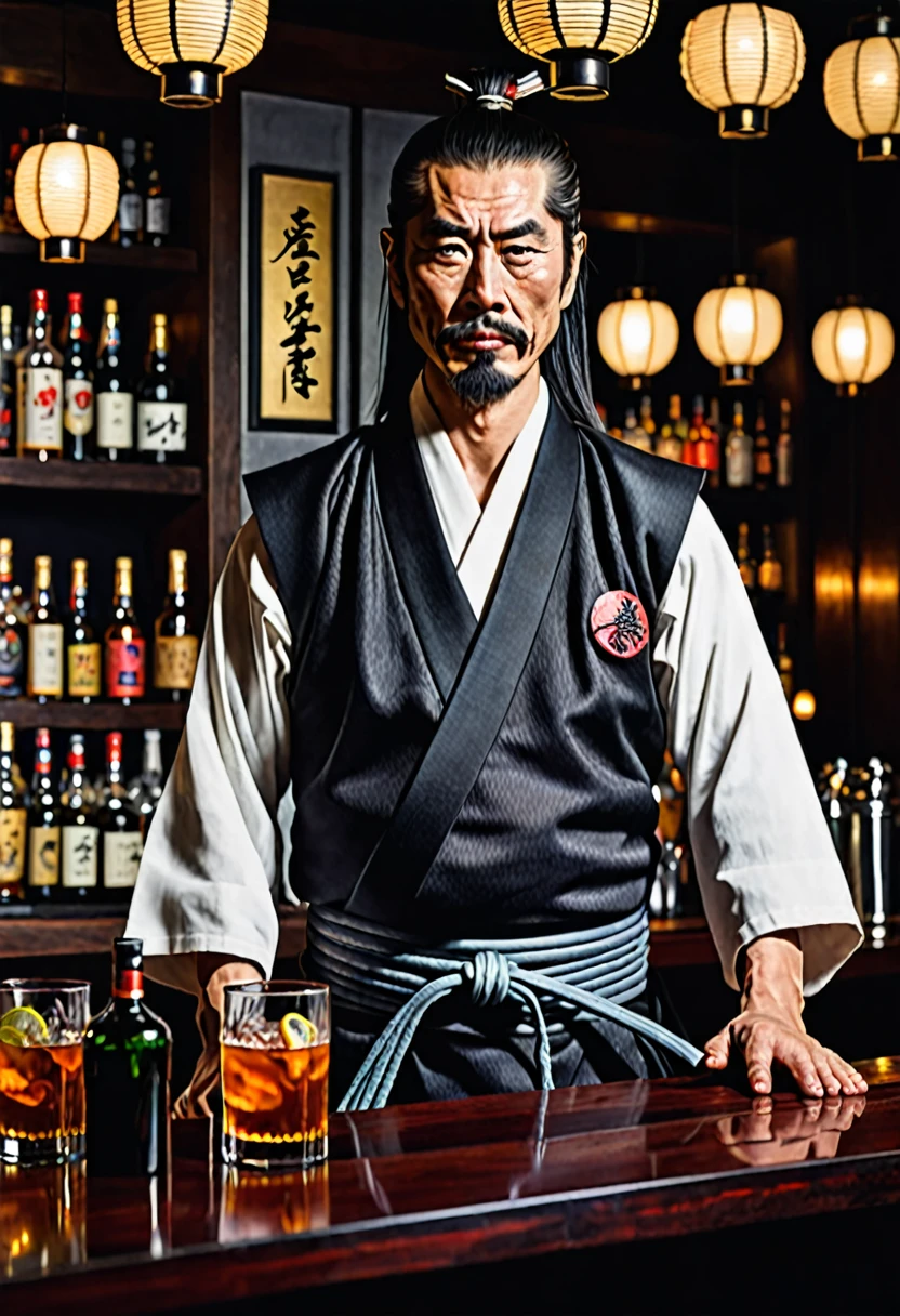 japanese samurai bartender, hyperrealistic, dim light
