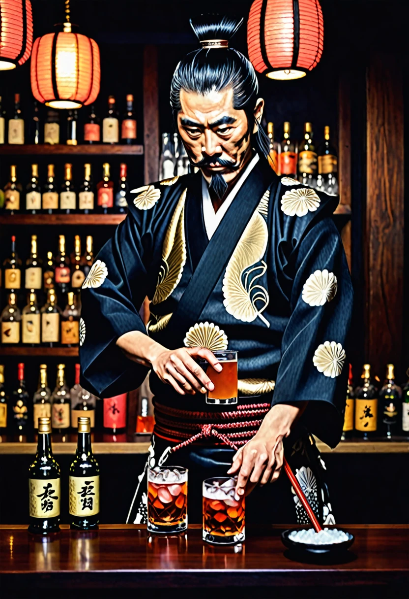 japanese samurai bartender, hyperrealistic, dim light
