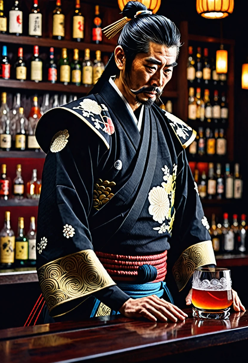 japanese samurai bartender, hyperrealistic, dim light
