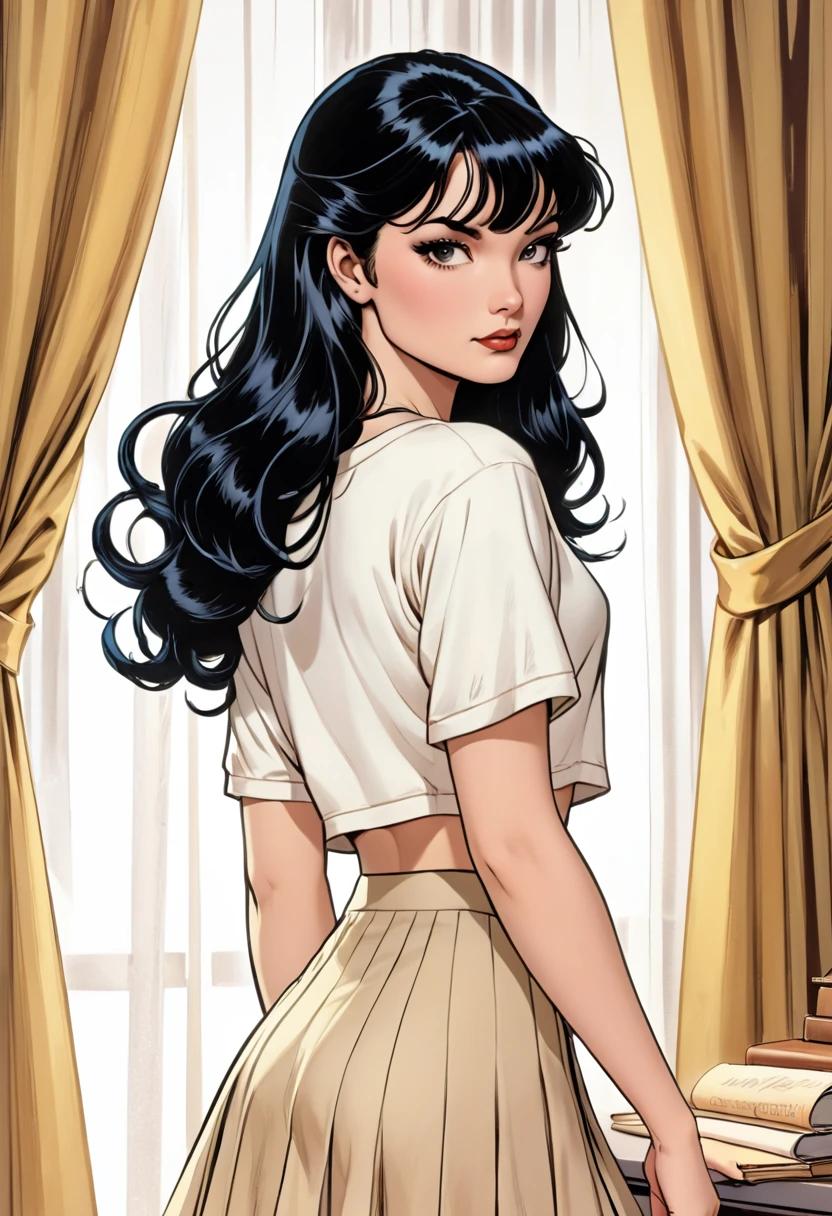 DC comic girl with long black hair, in a twist-back hairstyle, her ends semi-curled, and curtain bangs. Her eyes are hazel-doe-like. She had porcelain-like skin. Her features are soft and dainty. Very feminine and extremely pretty. She has a white cropped T-shirt, a beige open cardigan, and a black skirt. 