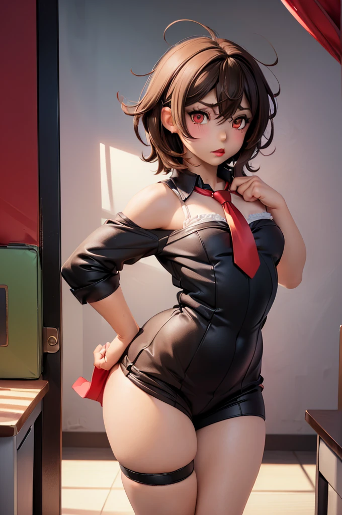 ((anime boy)), ((crossdresser)), (((1boy)))), (((solo))), ((((alone)))) medium dark brown hair, red eyes, ((((brown skin)))), wide hips, narrow waist, thick thighs, standing in a office, ((flat chest)), short skirt, visible bulge, closed shirt, red tie, ((makeup)), ((red lipstick)), (((black office outfit))), (((grabbed by a tall unknown muscular man)))