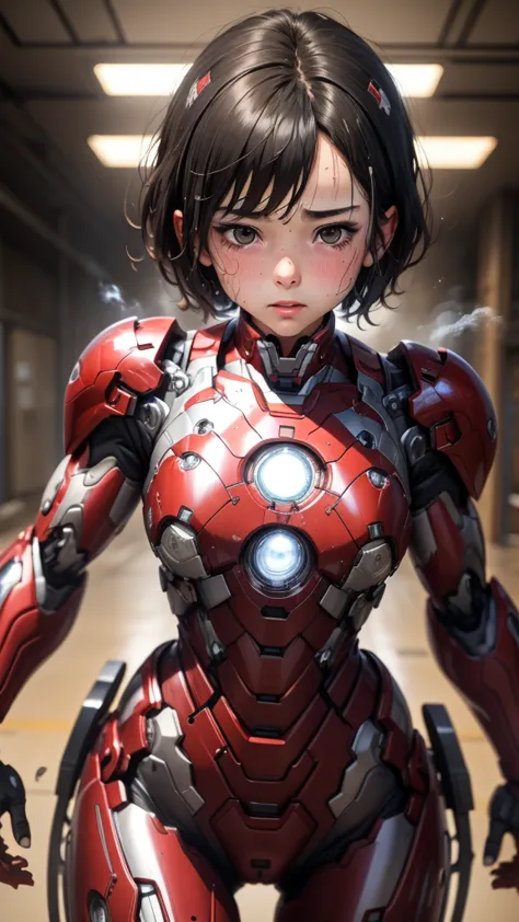 highest quality　8k iron man suit girl　elementary school girl　sweaty face　cute　short hair　boyish　steam coming out of the head　my ...