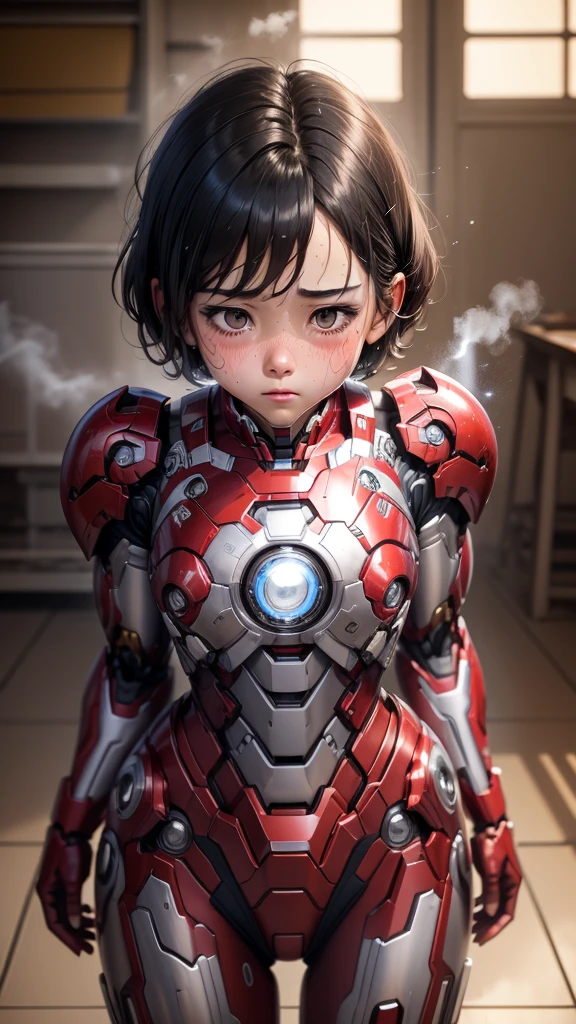 Highest quality　8k Iron Man suit girl　Elementary school girl　Sweaty face　cute　short hair　boyish　Steam coming out of the head　My hair is wet with sweat　Black Hair　Steam coming out of her body