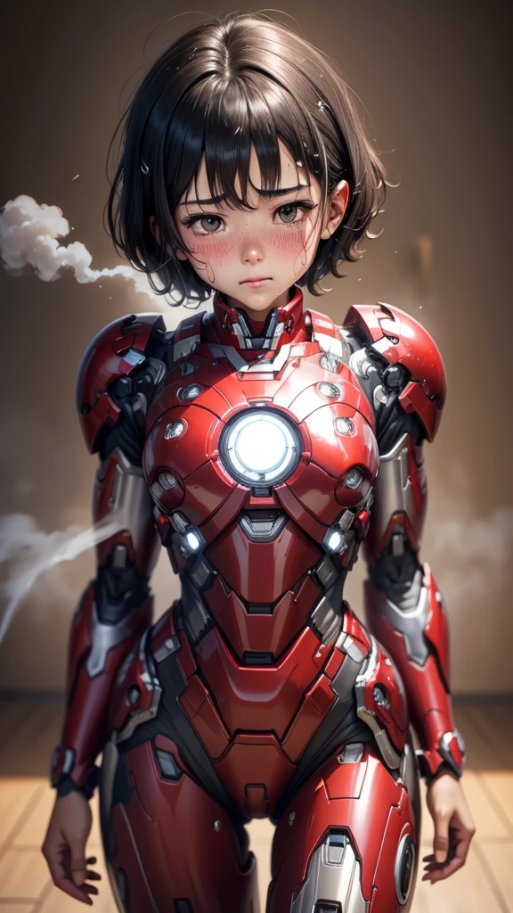 Highest quality　8k Iron Man suit girl　Elementary school girl　Sweaty face　cute　short hair　boyish　Steam coming out of the head　My hair is wet with sweat　Black Hair　Steam coming out of her body