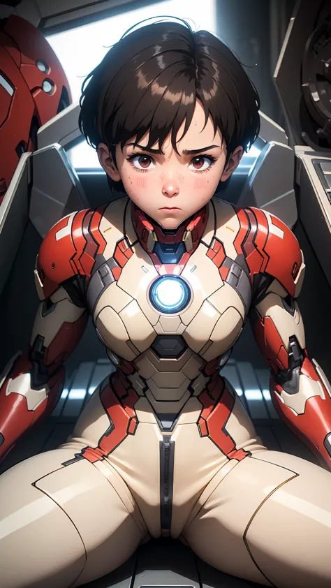 highest quality　8k iron man suit girl　elementary school girl　sweaty face　cute　short hair　boyish　steam coming out of the head　my ...