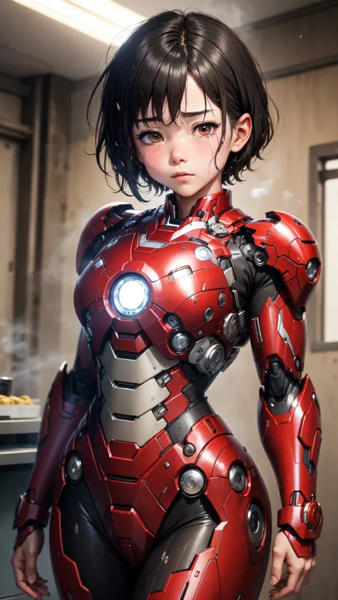 highest quality　8k iron man suit girl　elementary school girl　sweaty face　cute　short hair　boyish　steam coming out of the head　my ...