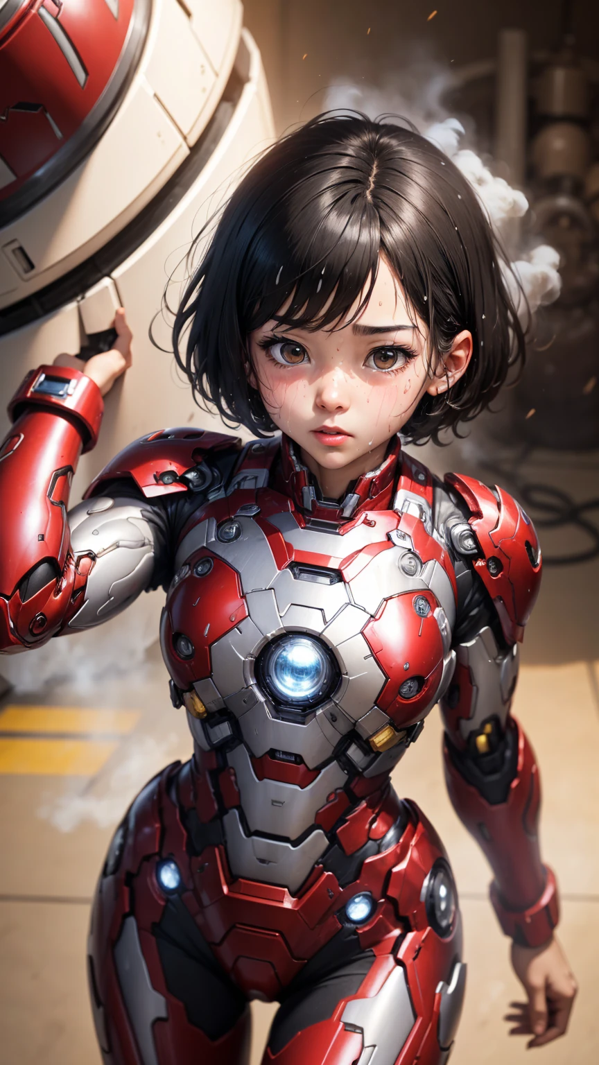 Highest quality　8k Iron Man suit girl　Elementary school girl　Sweaty face　cute　short hair　boyish　Steam coming out of the head　My hair is wet with sweat　Black Hair　Steam coming out of her body