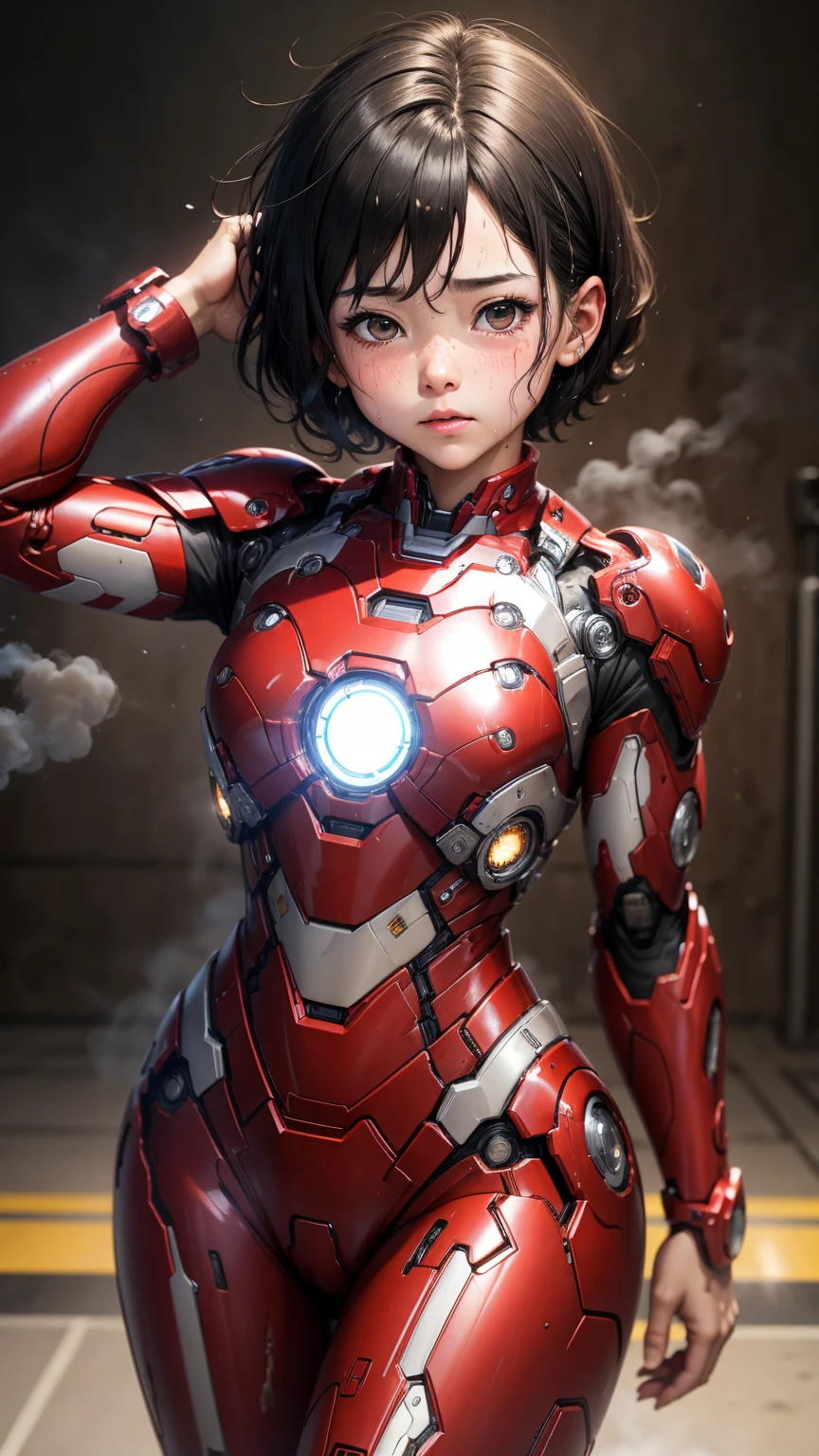 Highest quality　8k Iron Man suit girl　Elementary school girl　Sweaty face　cute　short hair　boyish　Steam coming out of the head　My hair is wet with sweat　Black Hair　Steam coming out of her body