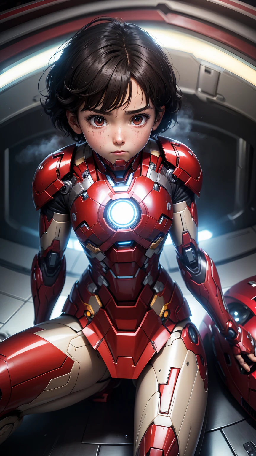 Highest quality　8k Iron Man suit girl　Elementary school girl　Sweaty face　cute　short hair　boyish　Steam coming out of the head　My hair is wet with sweat　Black Hair　Steam coming out of her body　Low - Angle　Spread your legs wide