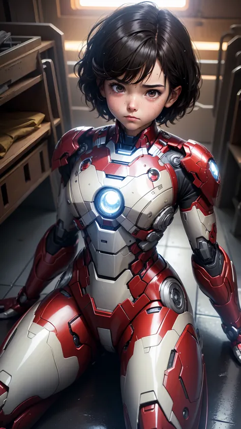 highest quality　8k iron man suit girl　elementary school girl　sweaty face　cute　short hair　boyish　steam coming out of the head　my ...