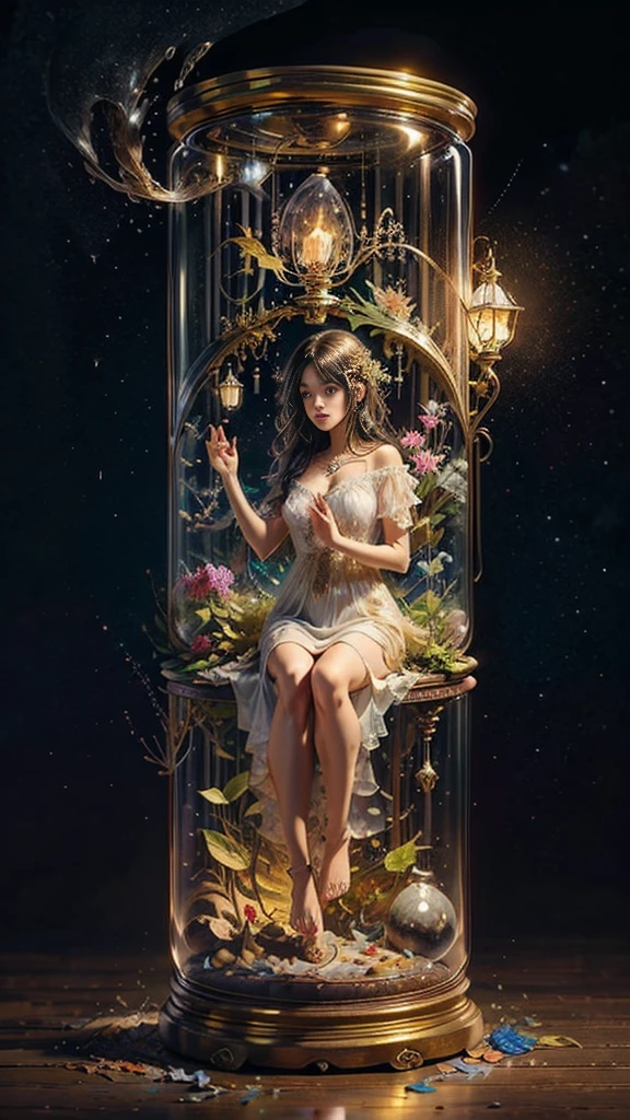 (masterpiece), best quality, expressive eyes, perfect face, huge hourglass, antique hourglass, floating antique clock, beautiful girl inside the hourglass, beautiful Latin girl behind the clock glass, floating antique clock, lamp , lantern, dark night sky, cloudy sky, rain clouds with lightning, beautiful girl looking up, long black hair, dark, high resolution, 8k, beautiful latin girl face, cool beauty, transparent white silk dress, style beauty, bright fog. Paint water splashes. Magic spell. Baroque elements, intricate oil paintings, swirling bubbles and fountains, full body, extremely detailed (Fractal Art: 1.3), colorful, more detailed, slight smile, sitting on stool with legs spread, view of pubic hair, 1 sexy girl in clothes transparent, small breasts exposed, transparent open t-shirt, tattoos of mandalas and flowers, best quality, black and brown hair merged in water, naked girl, beautiful visible pubic area, small breasts in sight, perfect hair, perfect full lips, body delicate and perfect, digital painting, intricately detailed eyes looking up, girl looking up, metallic colors and enamel, fine art, finely drawn hands; magical garden, metallic roses, autumn leaves, metallic colors and enamel, meditation, girl in a state of meditation, rain, wlop style art, Latin girl with tanned skin, shiny brown skin, bare feet stepping on garden grass, scene inside glass hourglass, floating antique clocks, impressionist art,