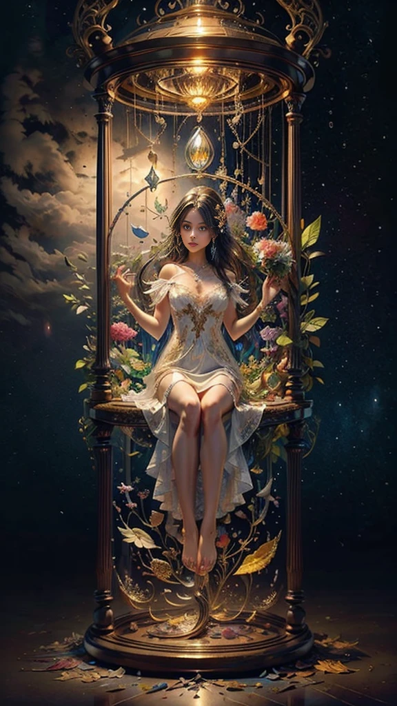 (masterpiece), best quality, expressive eyes, perfect face, huge hourglass, antique hourglass, floating antique clock, beautiful girl inside the hourglass, beautiful Latin girl behind the clock glass, floating antique clock, lamp , lantern, dark night sky, cloudy sky, rain clouds with lightning, beautiful girl looking up, long black hair, dark, high resolution, 8k, beautiful latin girl face, cool beauty, transparent white silk dress, style beauty, bright fog. Paint water splashes. Magic spell. Baroque elements, intricate oil paintings, swirling bubbles and fountains, full body, extremely detailed (Fractal Art: 1.3), colorful, more detailed, slight smile, sitting on stool with legs spread, view of pubic hair, 1 sexy girl in clothes transparent, small breasts exposed, transparent open t-shirt, tattoos of mandalas and flowers, best quality, black and brown hair merged in water, naked girl, beautiful visible pubic area, small breasts in sight, perfect hair, perfect full lips, body delicate and perfect, digital painting, intricately detailed eyes looking up, girl looking up, metallic colors and enamel, fine art, finely drawn hands; magical garden, metallic roses, autumn leaves, metallic colors and enamel, meditation, girl in a state of meditation, rain, wlop style art, Latin girl with tanned skin, shiny brown skin, bare feet stepping on garden grass, scene inside glass hourglass, floating antique clocks, impressionist art,