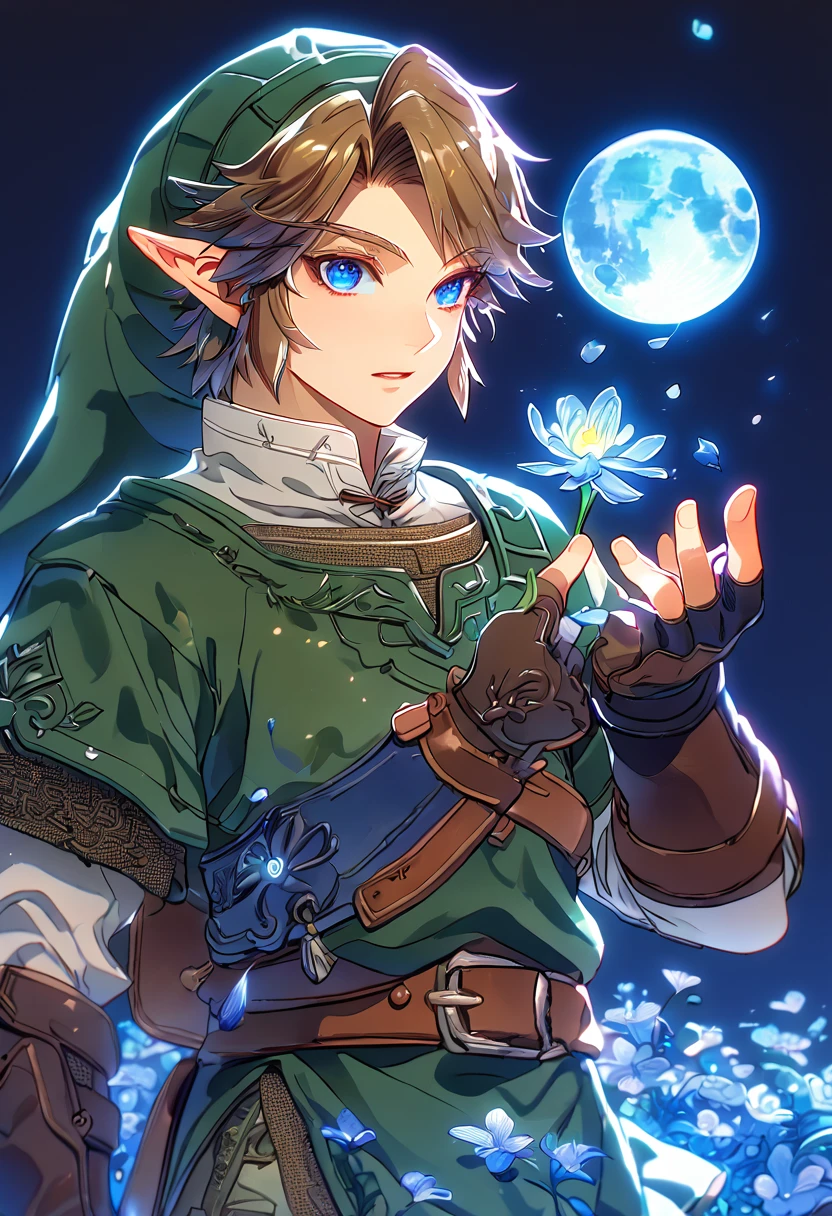 absurdres, highres, ultra detailed, HDR, master piece, Link, brown hair, expressive blue eyes, green tunic, green hat, brown gauntlets, The Legend Of Zelda (Twilight Princess), sexy man, best quality, blue moon, flowers, fantasy, magical, sensual, handsome, water, blue shining fireflies, blue petals,