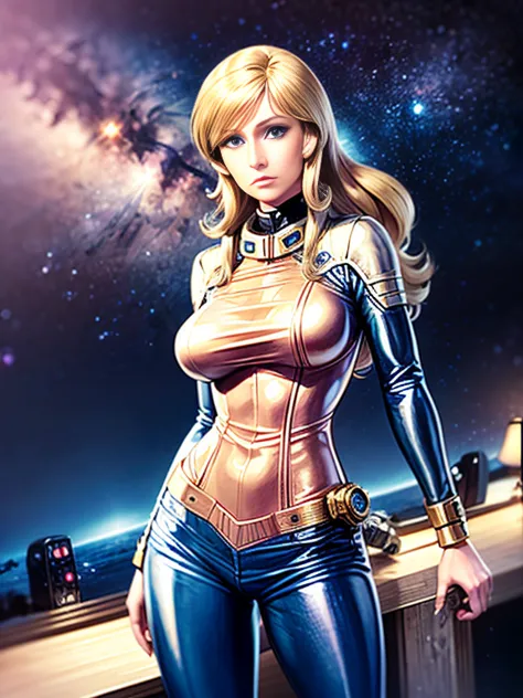 Anime style female character inspired by vintage space opera aesthetics, with elongated facial features, 165 cm tall, having blo...