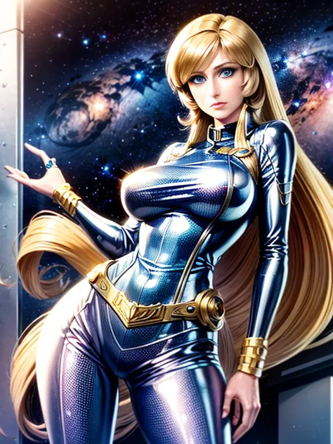 Anime style female character inspired by vintage space opera aesthetics, with elongated facial features, 165 cm tall, having blo...