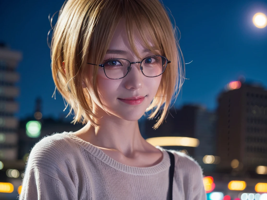 Japanese girl in casual clothes、Observe the audience、Tokyo cityscape at night、(highest quality、masterpiece)))、HD Fine、Very detailed、masterpiece、Cinema Lighting、(8k、highest quality、masterpiece:1.2)、(Realistic、Realistic:1.37) High resolution、Very detailed、Woman wearing glasses、A look of silence、Round Glasses、Asian, cute, cute顔, alone,Blonde Short Hair 1.2, Textured skin, Beautiful smile, Beautifully detailed night sky, Night view, Cinema Lighting, Written boundary depth, Lens flare light、date、(Blushing your nose)、、(Mouth closed)Small breasts、A beautiful eye for detail、(sweater:1.1)、(Blonde Short Hair:1.2)、Floating Hair Nova Frog Style、