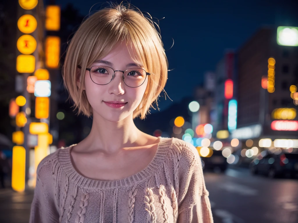 Japanese girl in casual clothes、Observe the audience、Tokyo cityscape at night、(highest quality、masterpiece)))、HD Fine、Very detailed、masterpiece、Cinema Lighting、(8k、highest quality、masterpiece:1.2)、(Realistic、Realistic:1.37) High resolution、Very detailed、Woman wearing glasses、A look of silence、Round Glasses、Asian, cute, cute顔, alone,Blonde Short Hair 1.2, Textured skin, Beautiful smile, Beautifully detailed night sky, Night view, Cinema Lighting, Written boundary depth, Lens flare light、date、(Blushing your nose)、、(Mouth closed)Small breasts、A beautiful eye for detail、(sweater:1.1)、(Blonde Short Hair:1.2)、Floating Hair Nova Frog Style、