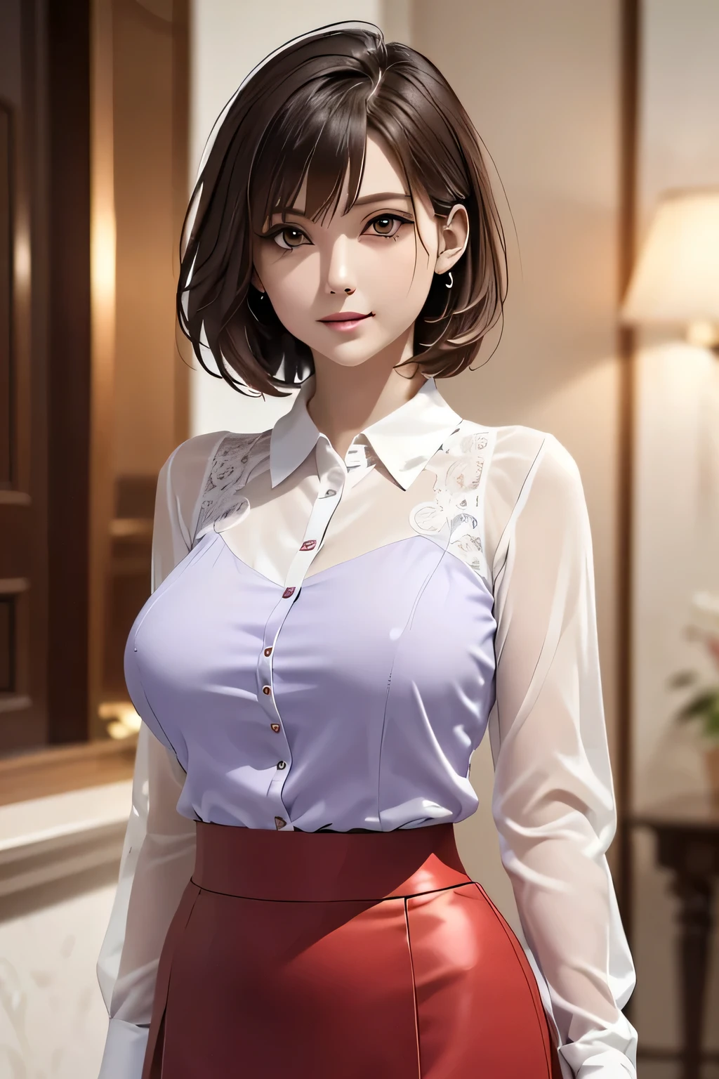 1 Female, alone, Beautiful middle-aged、I could see the whole body、 ((short hair)), ((Brown eyes, Beautiful eyelashes, Realistic eyes)), ((Detailed face, blush:1.2)), ((Smooth texture:0.75, Realistic texture:0.65, Realistic:1.1, Anime CG style)), ((Glamorous Body)),((Big Breasts)), Dynamic Angle, Perfect body, ((Light purple transparent blouse, Red Skirt))、(Hotel stairs)、Angle looking up from the bottom of the stairs, (((masterpiece, Highest quality, Realistic, High resolution, Pixel Perfect, 8k)))