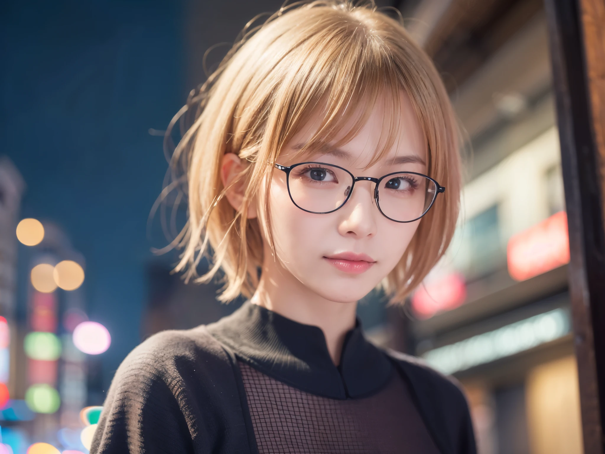 Japanese girl in casual clothes、Observe the audience、Tokyo cityscape at night、(highest quality、masterpiece)))、HD Fine、Very detailed、masterpiece、Cinema Lighting、(8k、highest quality、masterpiece:1.2)、(Realistic、Realistic:1.37) High resolution、Very detailed、Woman wearing glasses、A look of silence、Round Glasses、Asian, cute, cute顔, alone,Blonde Short Hair 1.2, Textured skin, Beautiful smile, Beautifully detailed night sky, Night view, Cinema Lighting, Written boundary depth, Lens flare light、date、(Blushing your nose)、、(Mouth closed)Small breasts、A beautiful eye for detail、(sweater:1.1)、(Blonde Short Hair:1.2)、Floating Hair Nova Frog Style、