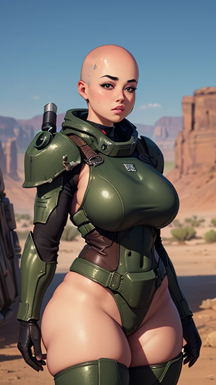 (thick tighs:1.6)((Best quality)), ((masterpiece)), (detailed), 1 girl, bald head, no hair, desert, young face,Black Massive Power Armor