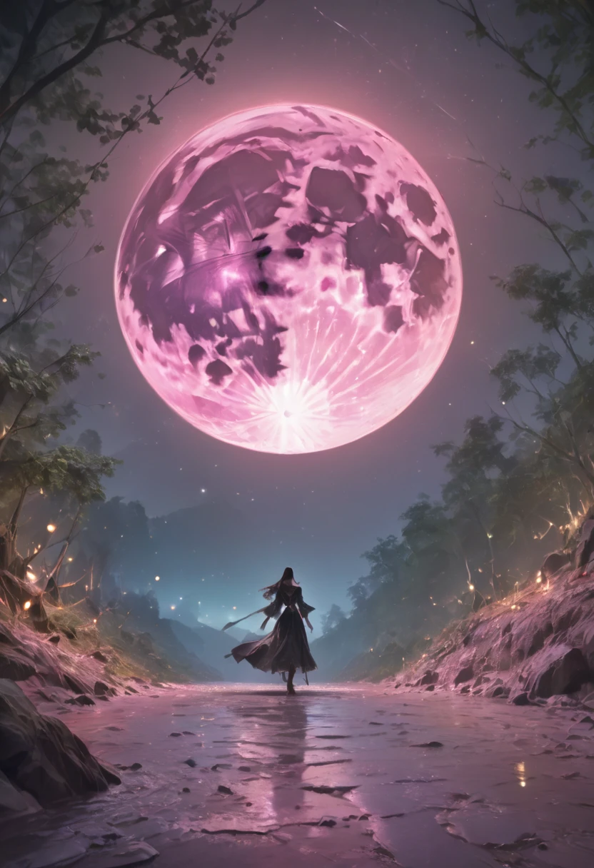 a glowing, ethereal pink moon in a starry night sky, milky way, high resolution, 8k, detailed, vibrant, dramatic, enchanting, mystical, atmospheric, ethereal, dreamlike, serene, tranquil, beautiful, stunning, breathtaking, photorealistic, masterpiece, fantasy, magical, whimsical, romantic, (((glowing ethereal pink moon))), (best quality,4k,8k,highres,masterpiece:1.2),ultra-detailed,(realistic,photorealistic,photo-realistic:1.37),HDR,UHD,studio lighting,ultra-fine painting,sharp focus,physically-based rendering,extreme detail description,professional,vivid colors,bokeh