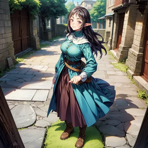 solo character, full body version, old girl, (elf), black eyes, black color hair, long haircut, blue dress clothing, brown jeans...