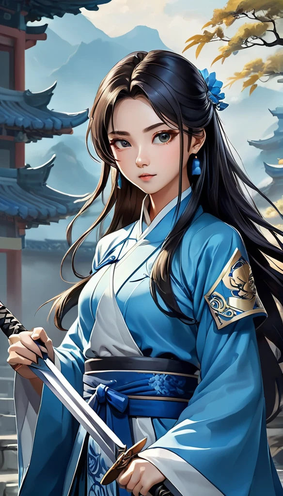 anime character dressed in blue holding a sword and a sword, zhao yun, heise jinyao, inspired by Guan Daosheng, inspired by Bian Shoumin, inspired by Zhao Yuan, cai xukun, inspirado em Hong Ren, inspired by Dong Yuan, g liulian art style, inspired by Zhang Han, chinese fantasy, inspired by Cao Zhibai