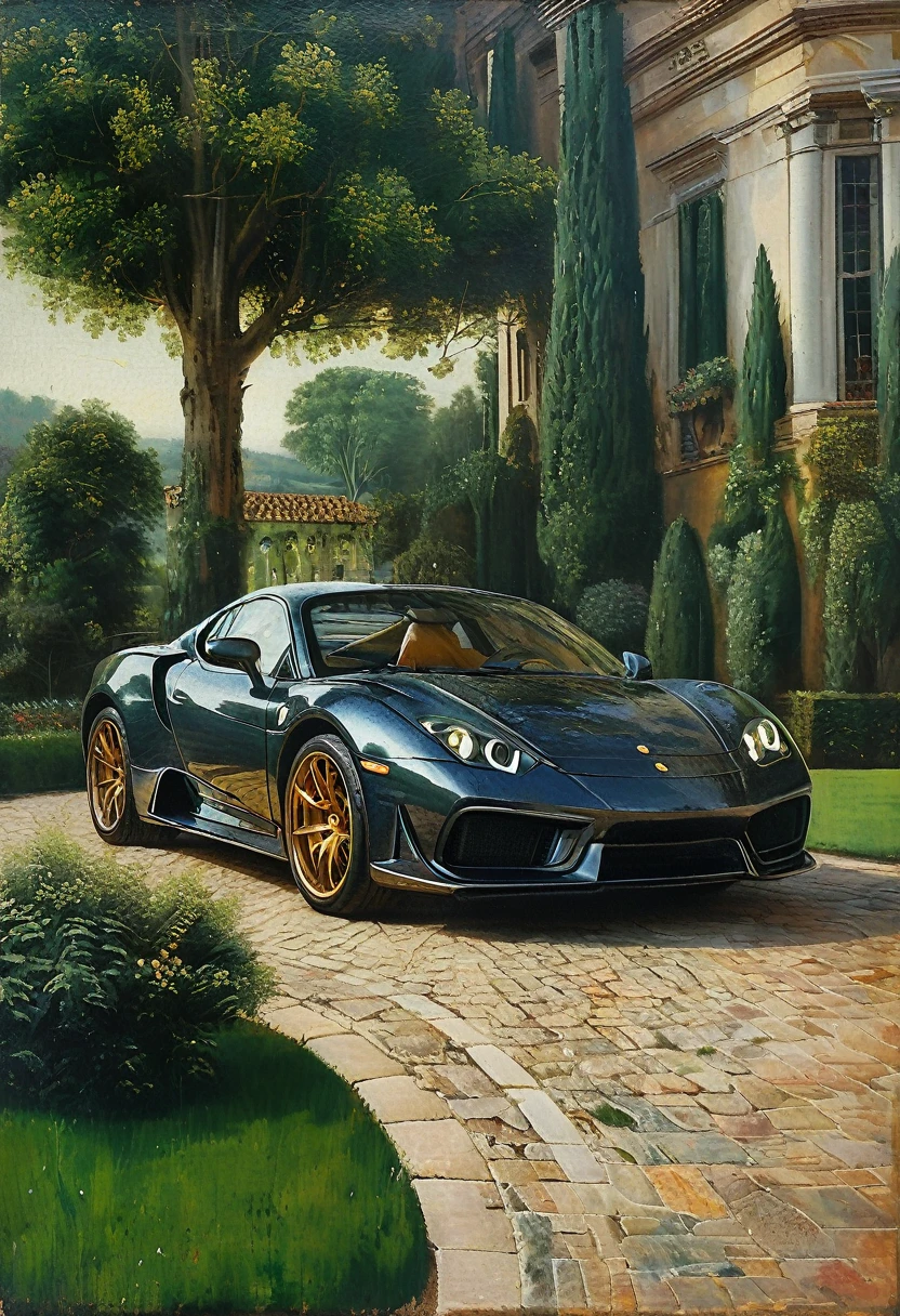 ((high quality:1.2)), (8k), extremely detailed, ((High detail:1.2)), ((best resolution:1.4)), masterpiece, ((Work of art)), painting of a sports car, ((Leonardo da Vinci style painting)), trees, mansion behind,