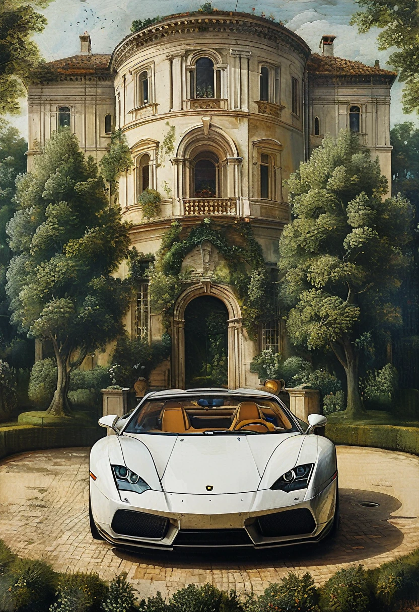 ((high quality:1.2)), (8k), extremely detailed, ((High detail:1.2)), ((best resolution:1.4)), masterpiece, ((Work of art)), painting of a sports car, ((Leonardo da Vinci style painting)), trees, mansion behind,