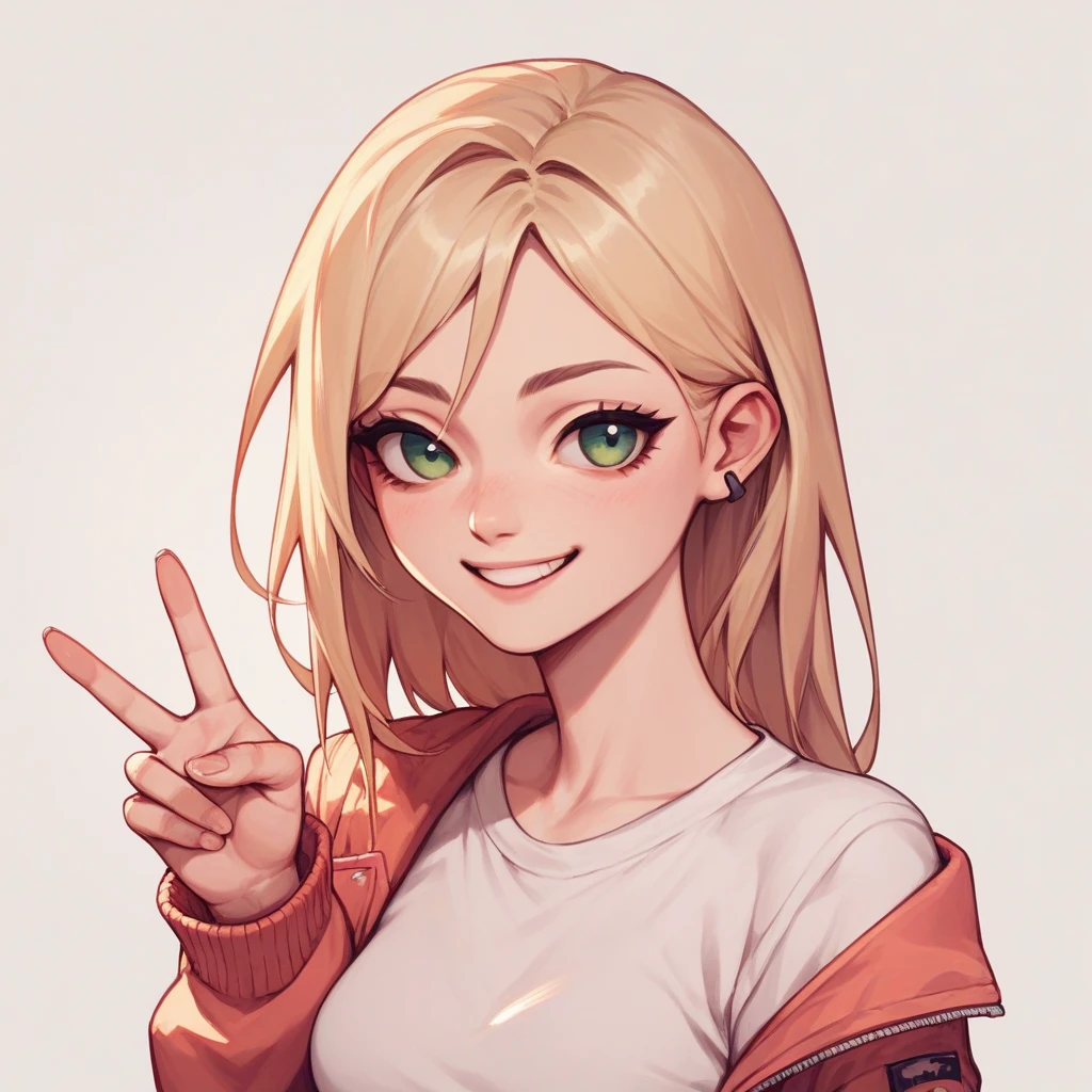 Smiling blonde girl making victory sign with fingers