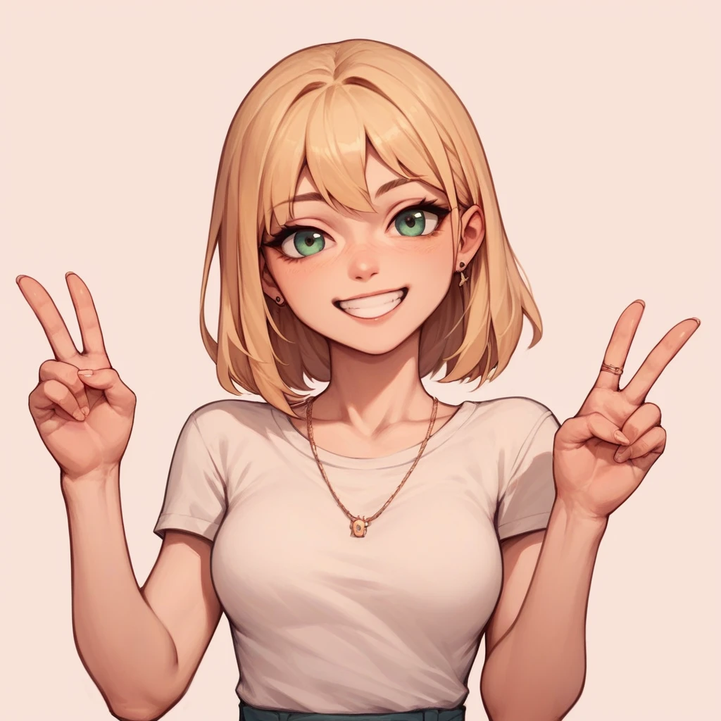 Smiling blonde girl making victory sign with fingers