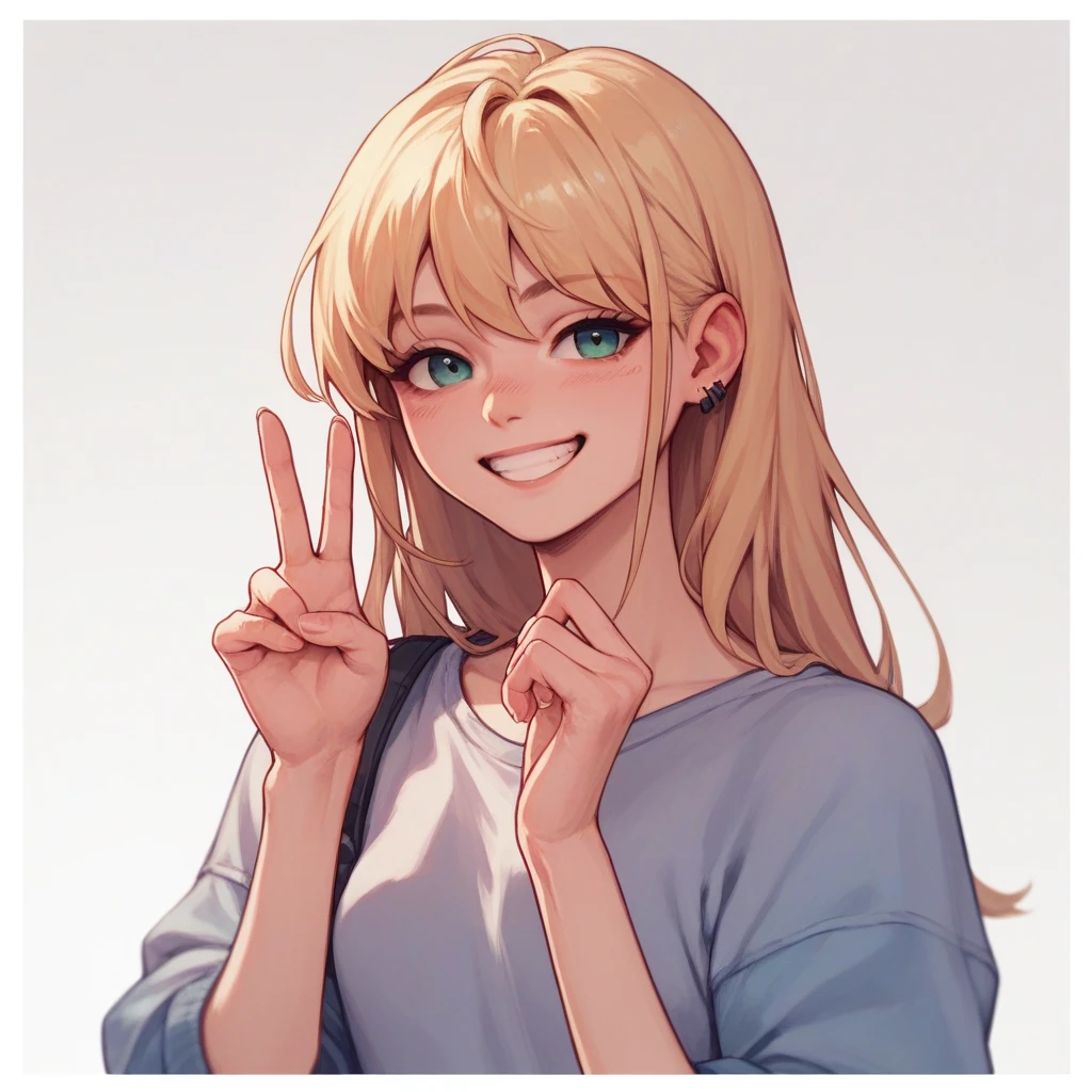 Smiling blonde girl making victory sign with fingers