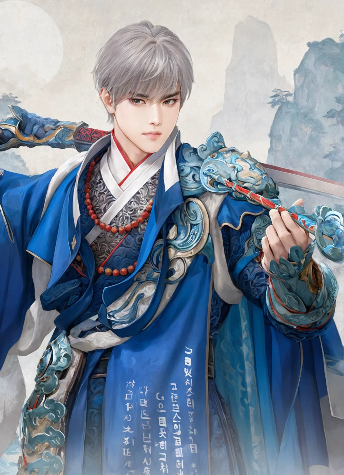 anime character dressed in blue holding a sword and a sword, zhao yun, heise jinyao, cai xukun, inspired by Bian Shoumin, inspired by Zhao Yuan, inspired by Guan Daosheng, Inspired by Wuzhun Shifan, inspired by Zhang Han, Inspired by Huang Gongwang, g liulian art style, inspired by Zhang Wo