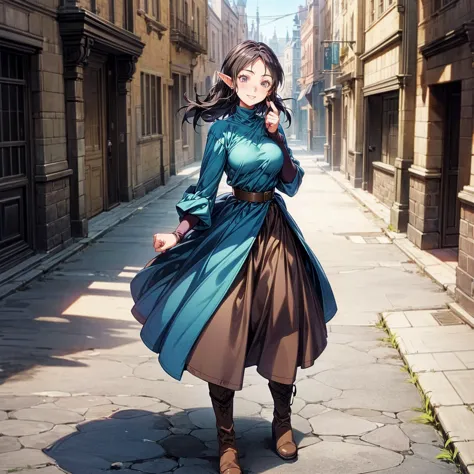 solo character, full body version, old girl, (elf), black eyes, black color hair, long haircut, blue dress clothing, brown jeans...