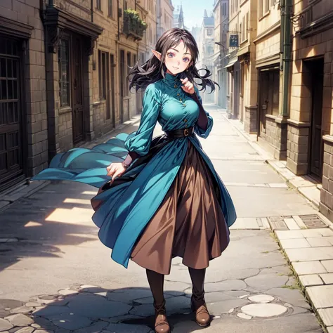 solo character, full body version, old girl, (elf), black eyes, black color hair, long haircut, blue dress clothing, brown jeans...