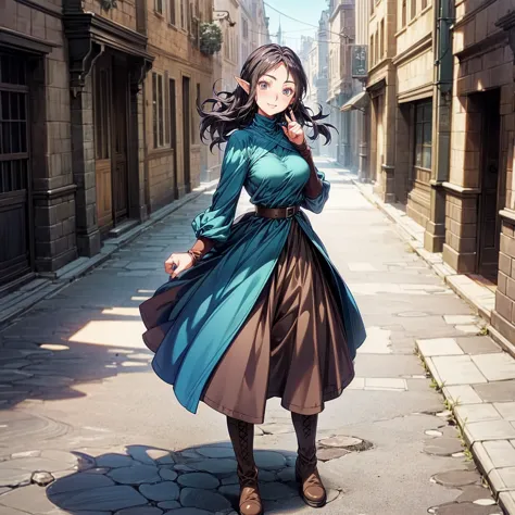 solo character, full body version, old girl, (elf), black eyes, black color hair, long haircut, blue dress clothing, brown jeans...