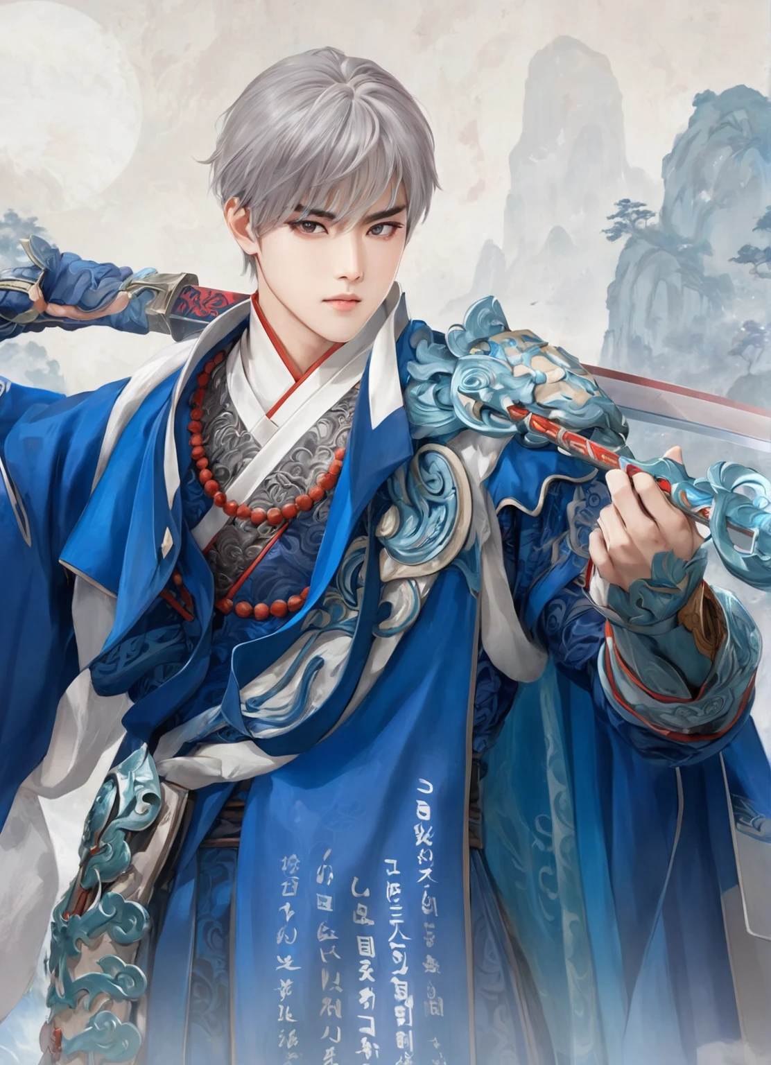 anime character dressed in blue holding a sword and a sword, zhao yun, heise jinyao, cai xukun, inspired by Bian Shoumin, inspired by Zhao Yuan, inspired by Guan Daosheng, Inspired by Wuzhun Shifan, inspired by Zhang Han, Inspired by Huang Gongwang, g liulian art style, inspired by Zhang Wo