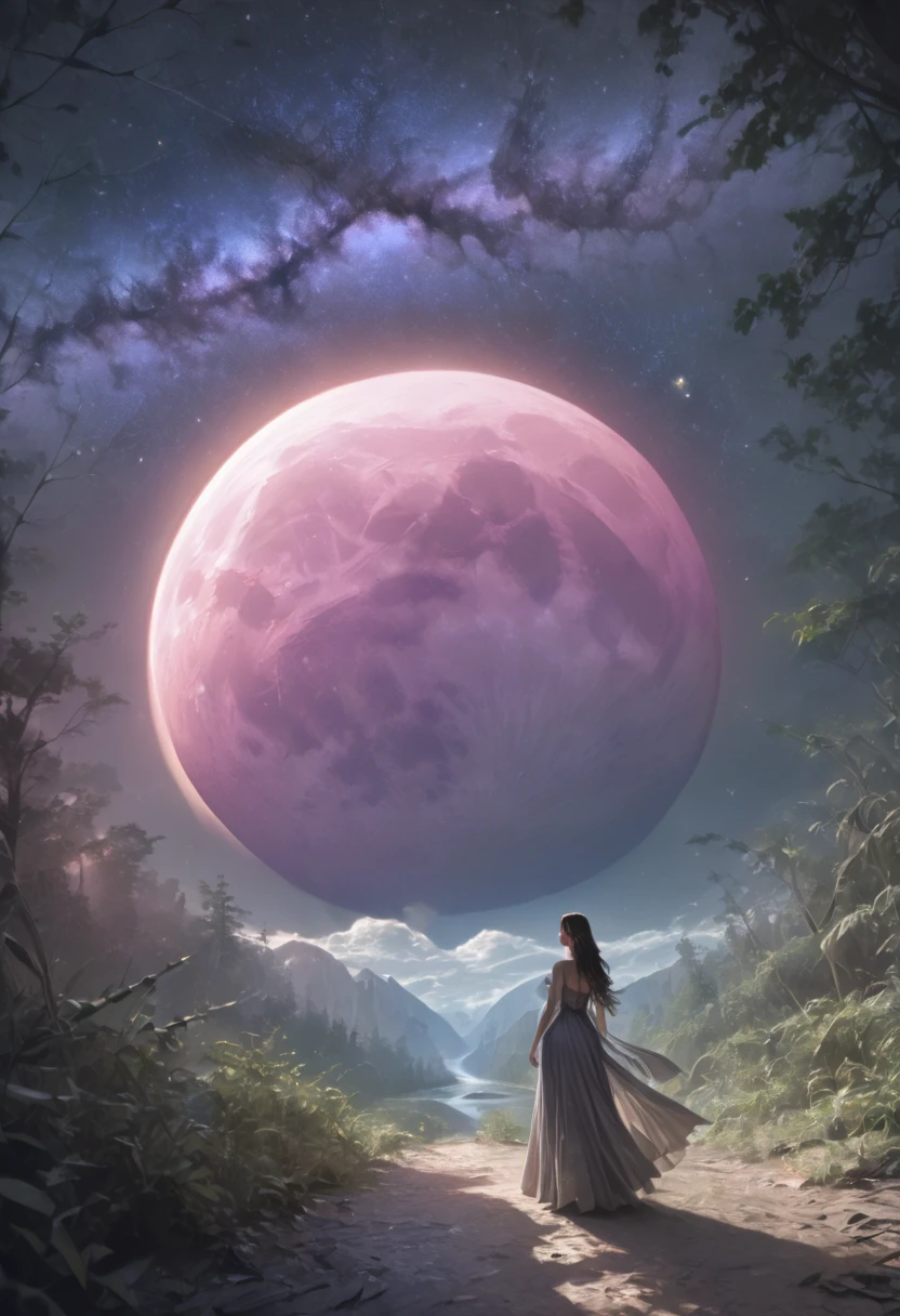 a beautiful woman gazing at a pink glowing moon in a starry night sky, detailed fantasy landscape, (best quality,4k,8k,highres,masterpiece:1.2),ultra-detailed,(realistic,photorealistic,photo-realistic:1.37),fantasy,celestial,cosmic,atmospheric,dramatic lighting,intricate details,cinematic composition,elegant female figure,delicate facial features,graceful pose,long flowing hair,shimmering moonlight,milky way galaxy,scattered stars,ethereal,mystical,serene