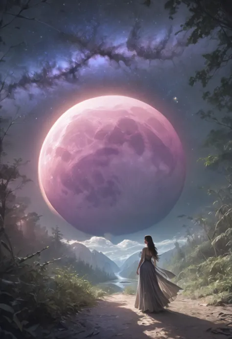 a beautiful woman gazing at a pink glowing moon in a starry night sky, detailed fantasy landscape, (best quality,4k,8k,highres,m...