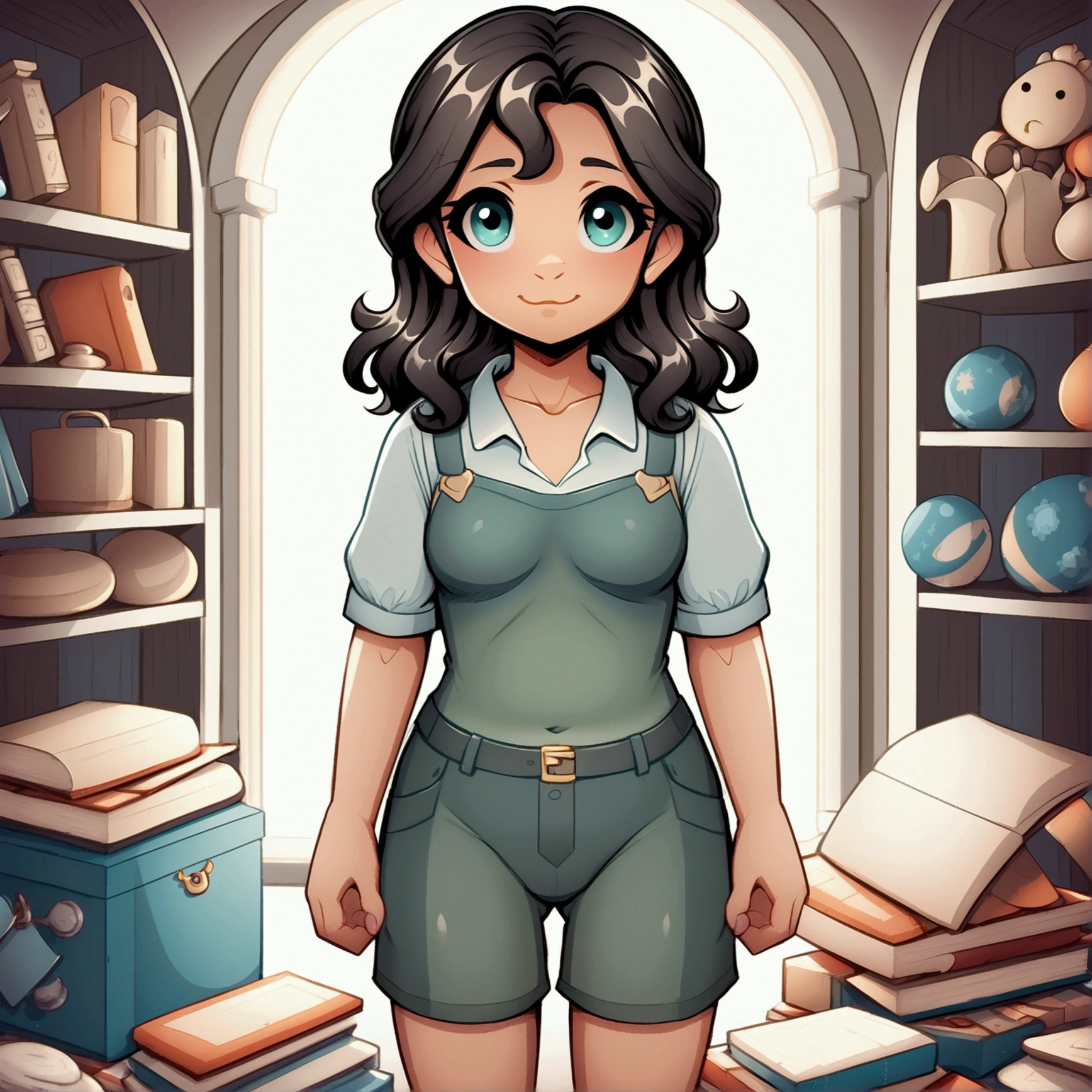 A girl exploring her grandmother's attic. Show old boxes, forgotten toys and a slightly dusty atmosphere. The attic should have soft lighting that highlights the old notebook covered in dust with a dark blue cover and shining with stars and clouds. The girl should appear fascinated upon finding the notebook and looking at it. Illustration for children's books.