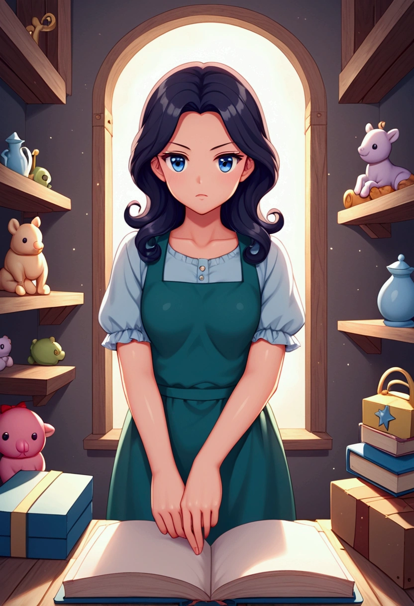 A girl exploring her grandmother's attic. Show old boxes, forgotten toys and a slightly dusty atmosphere. The attic should have soft lighting that highlights the old notebook covered in dust with a dark blue cover and shining with stars and clouds. The girl should appear fascinated upon finding the notebook and looking at it. Illustration for children's books.