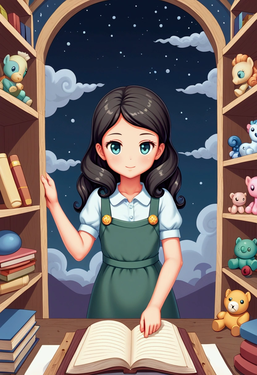 A girl exploring her grandmother's attic. Show old boxes, forgotten toys and a slightly dusty atmosphere. The attic should have soft lighting that highlights the old notebook covered in dust with a dark blue cover and shining with stars and clouds. The girl should appear fascinated upon finding the notebook and looking at it. Illustration for children's books.