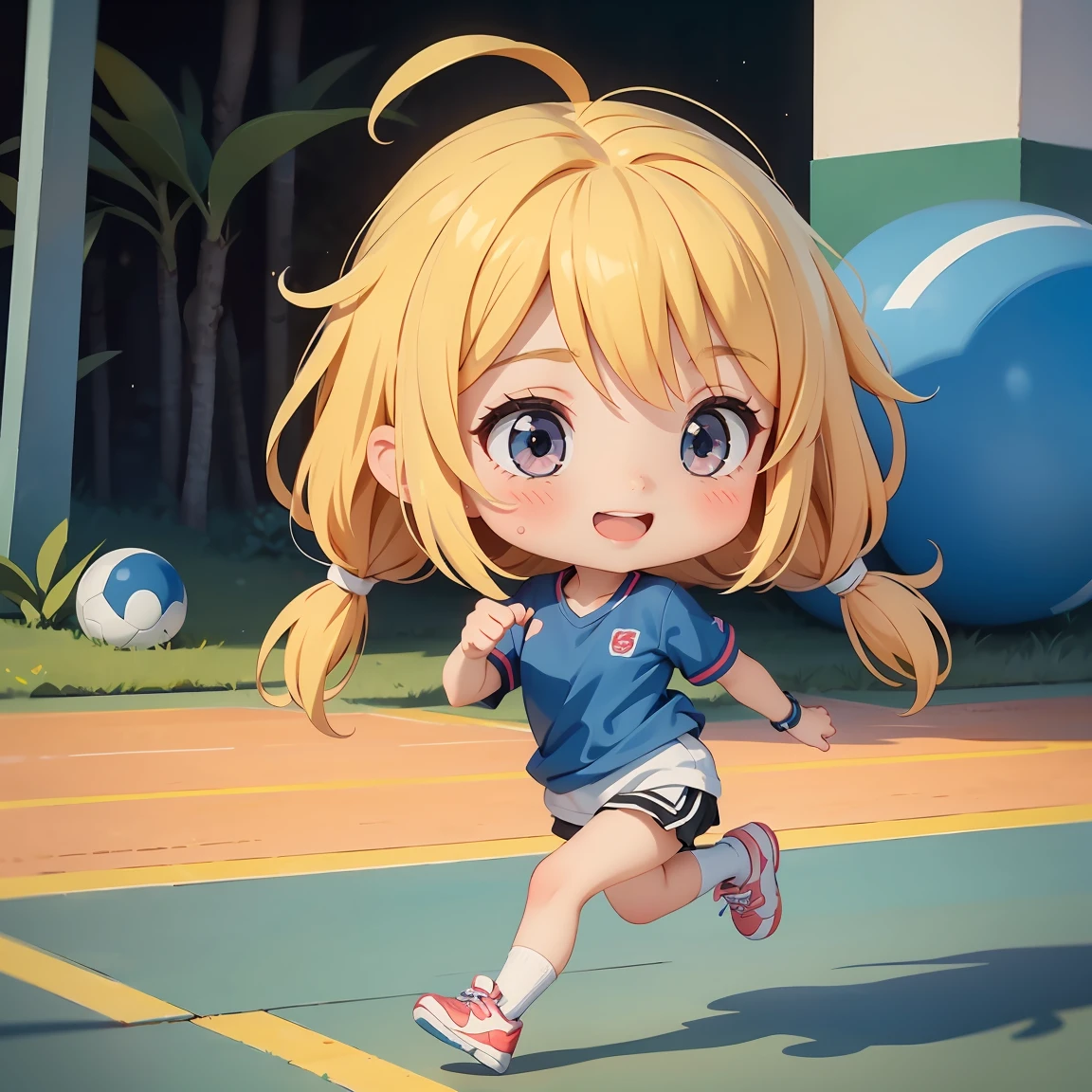 Super Chibi Character：1.8、Blonde Hair、Cute 7 year old girl、cute sportswear、Super Chibi Character：1.8、Super Smile、smile、Cute running shoes、Running