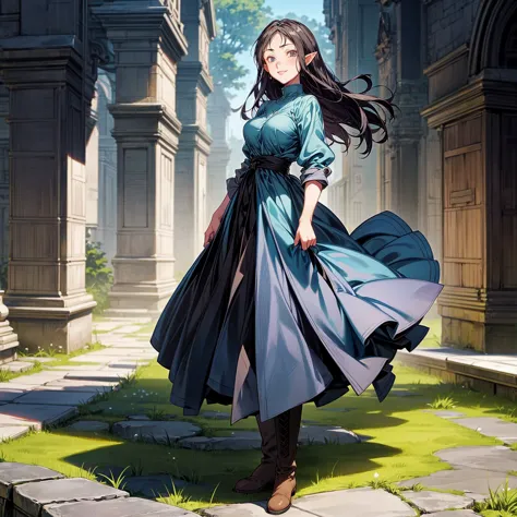 solo character, full body version, old girl, (elf), black eyes, black color hair, long haircut, blue dress clothing, brown jeans...