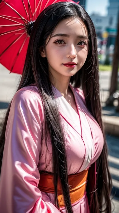 a close up of a person with long hair and a pink clothes, nezuko kamado, nezuko kamado from demon slayer as an anime character, ...