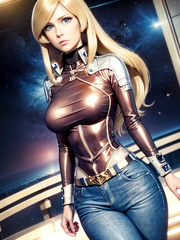 Anime style female character inspired by vintage space opera aesthetics, with elongated facial features, 165 cm tall, having blond, waist-length, wavy hair with V bangs, and blue eyes. She is wearing tight skinny jeans with high boots over them, adding an equestrian touch to her ensemble. The character's design reflects a blend of space opera elements and a realistic body proportion, highlighting her strong yet feminine presence.