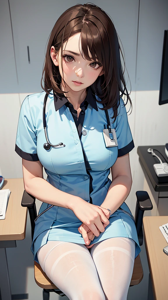 (((HD photo))), ultra high res.photorealistic:. 1.4, UHD, masterpiece, trending on artstation, portrait, (1girl), beautiful, sexy face, most beautiful in the world, soft, elegant, (brown hair, middle hair ), cute large breasts, (wearing a medical doctor's white uniform, with medical equipment, black pantyhose:1.1), (closeup her pussy, puzzled face), (sitting a chair at hospital office,cross legs), hospital background 