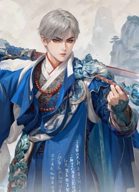 anime character dressed in blue holding a sword and a sword, zhao yun, heise jinyao, cai xukun, inspired by bian shoumin, inspir...