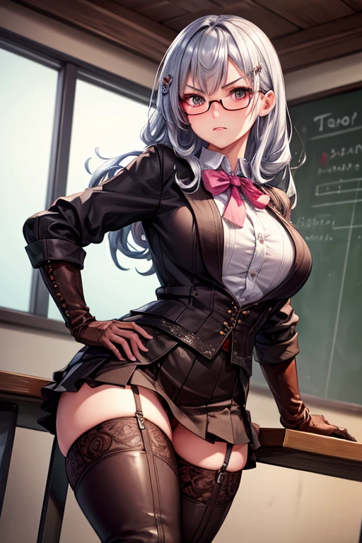 masterpiece, Beautiful art, professional artist, 8k, art style by sciamano240, Very detailed face, Detailed hair, detailed clothing, detailed fabric, 1 girl, perfectly drawn body, beautiful face, broad, very detailed, wearing teacher clothes, thigh high boots, tube skirt, Glasses, looking angrily over Glasses, Sensual Lips , pink cheeks, School environment, detailed background, board , show details in the eyes, close up view, spectator looking, angry expression,