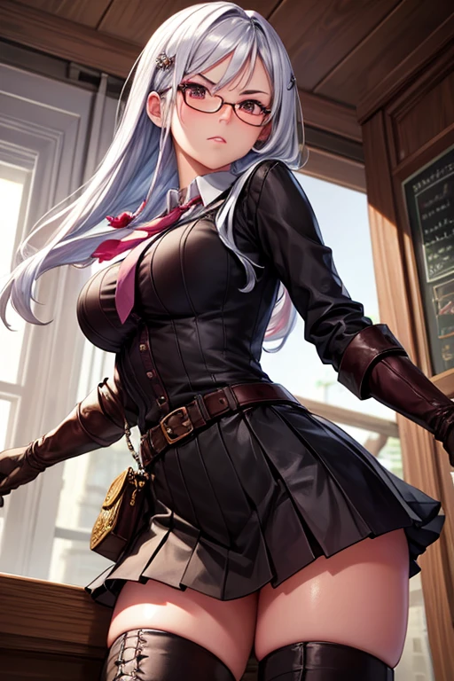 masterpiece, Beautiful art, professional artist, 8k, art style by sciamano240, Very detailed face, Detailed hair, detailed clothing, detailed fabric, 1 girl, perfectly drawn body, beautiful face, broad, very detailed, wearing teacher clothes, thigh high boots, tube skirt, Glasses, looking angrily over Glasses, Sensual Lips , pink cheeks, School environment, detailed background, board , show details in the eyes, close up view, spectator looking, angry expression,